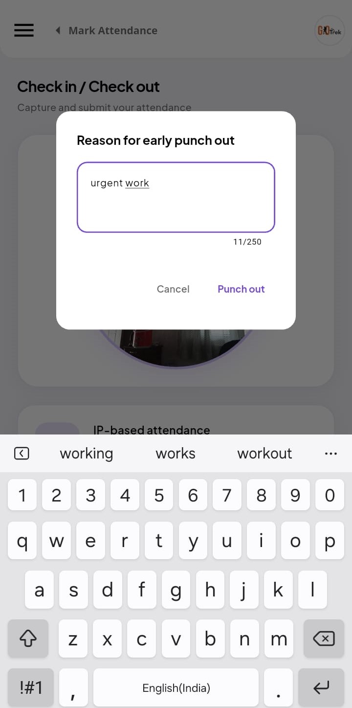 PayrollX employee app punch out remarks screen